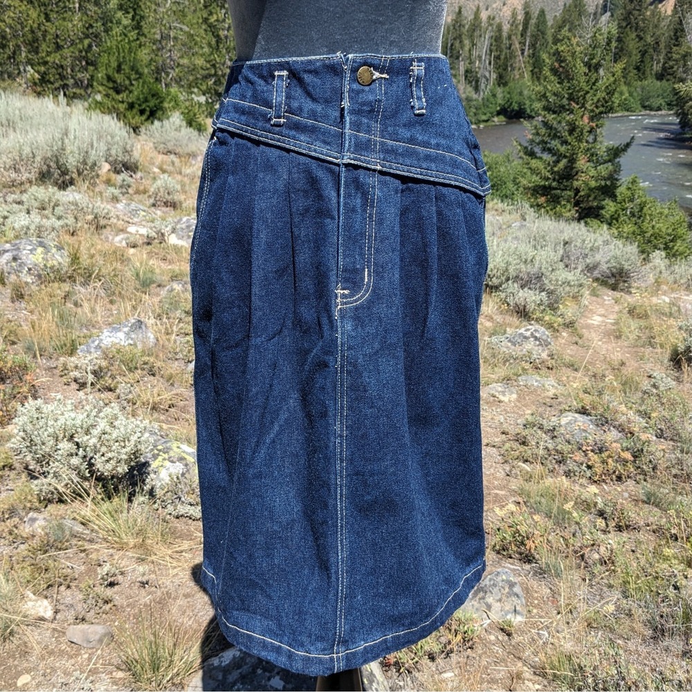 Vintage 80s Nasty Brand Denim Midi Skirt‎ XS Pleated Asymmetrical Yoke High Rise